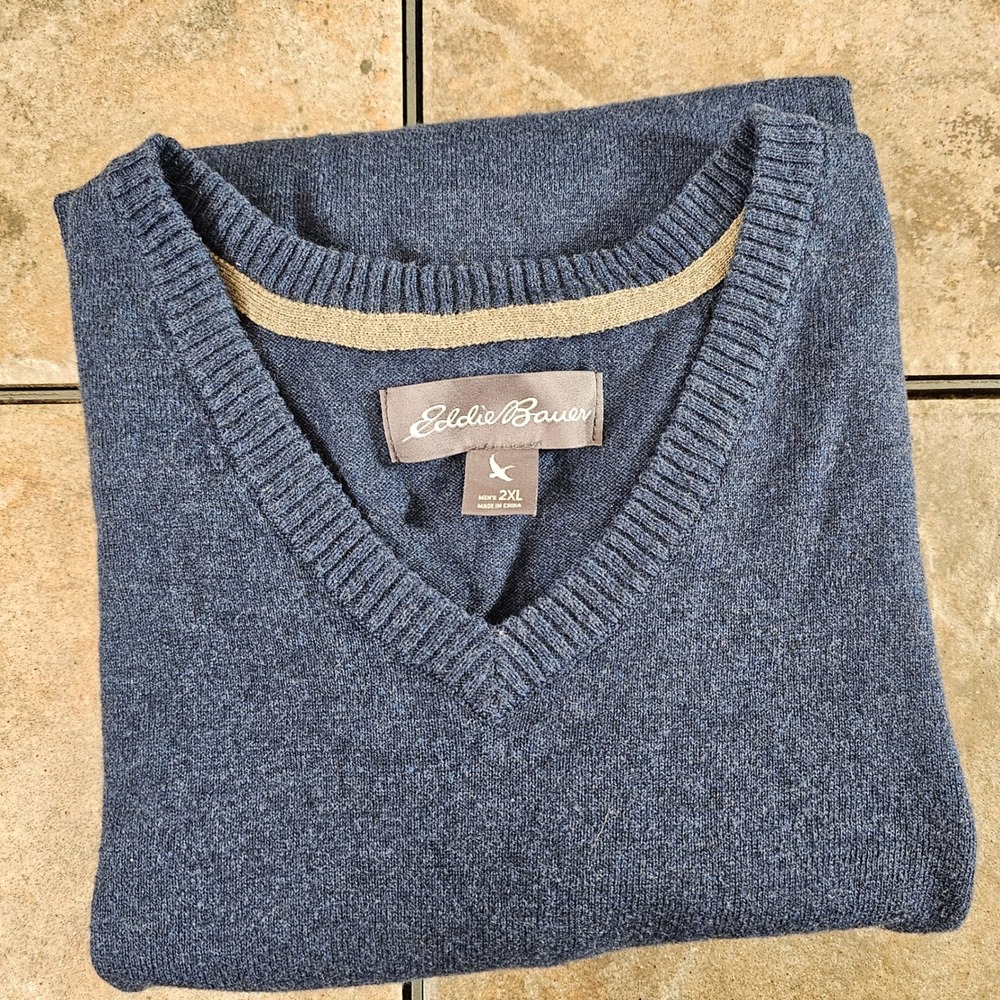 Eddie Bauer Mens V Neck Sweater Vest Blue Size 2XL Cotton Merino‎ Wool